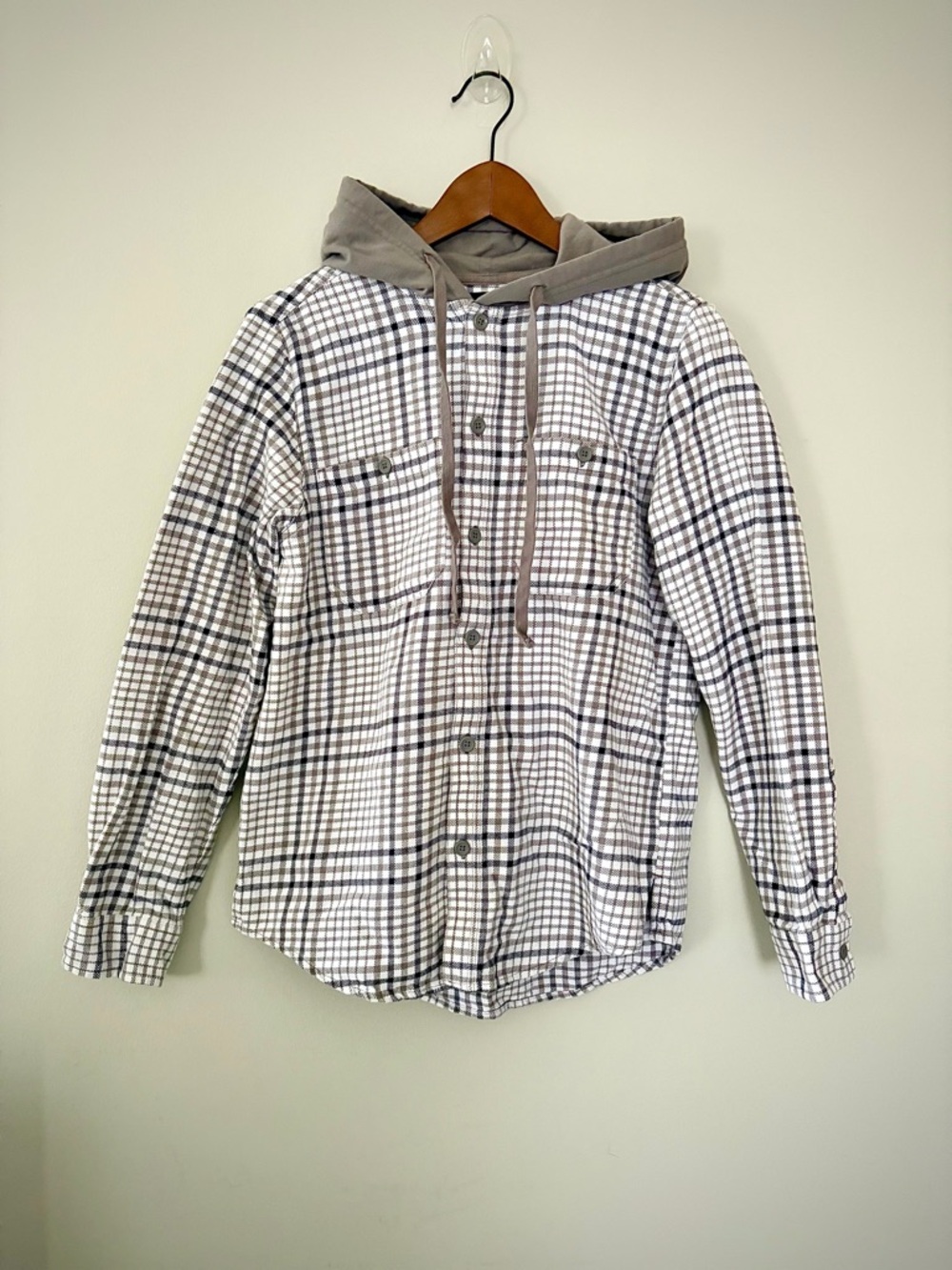 Casual Hooded Plaid Button-Up Shirt Shacket - Gray Off-White Unisex Small